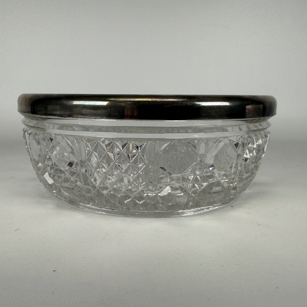 Vintage Cut Glass Bowl with Silver Rim Diamond Starburst Pattern 8 inch